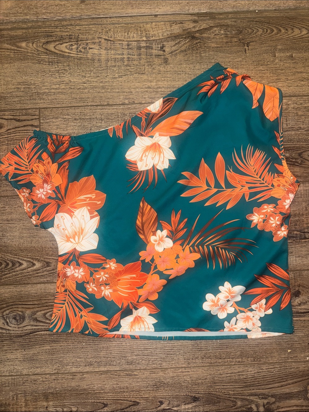 SHEIN Teal Tropical Floral One-Shoulder Top in Teal and Orange